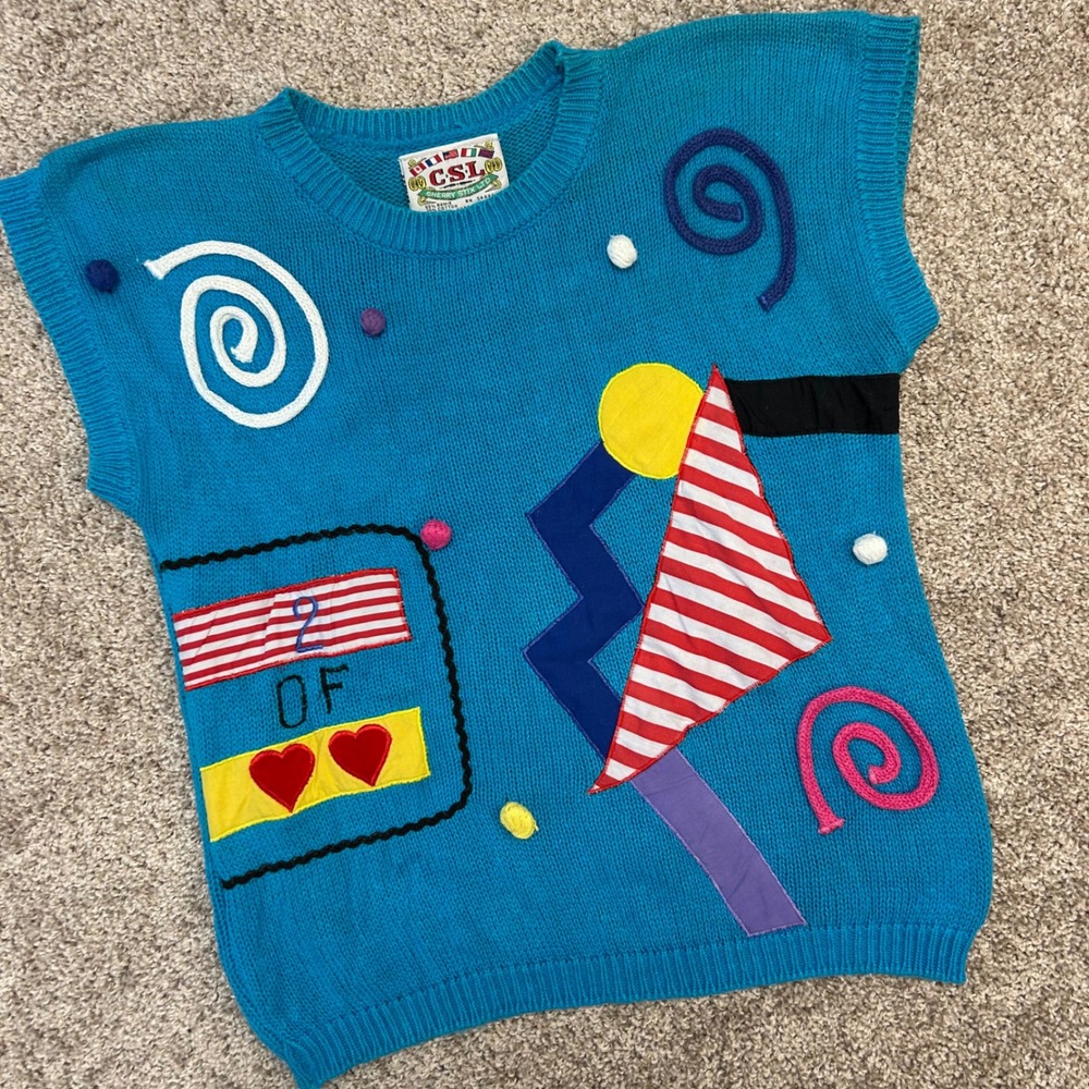 Vintage Cherry‎ Stix LTD Sweater Women Size Medium 3D Pom Pom Abstract Applique